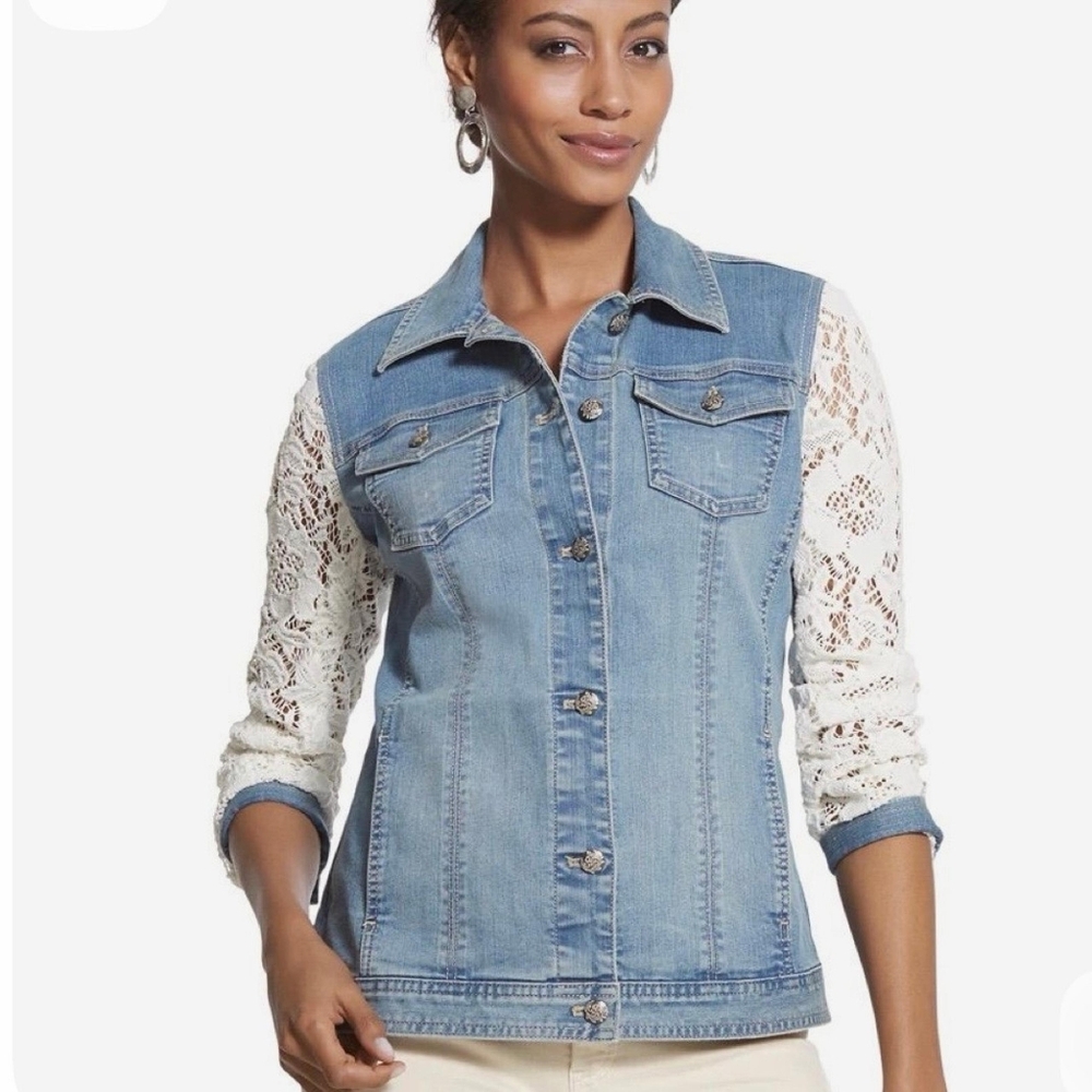Chico’s Platinum Denim Jean Jacket with Lace Sleeves Size 2 (L/12)